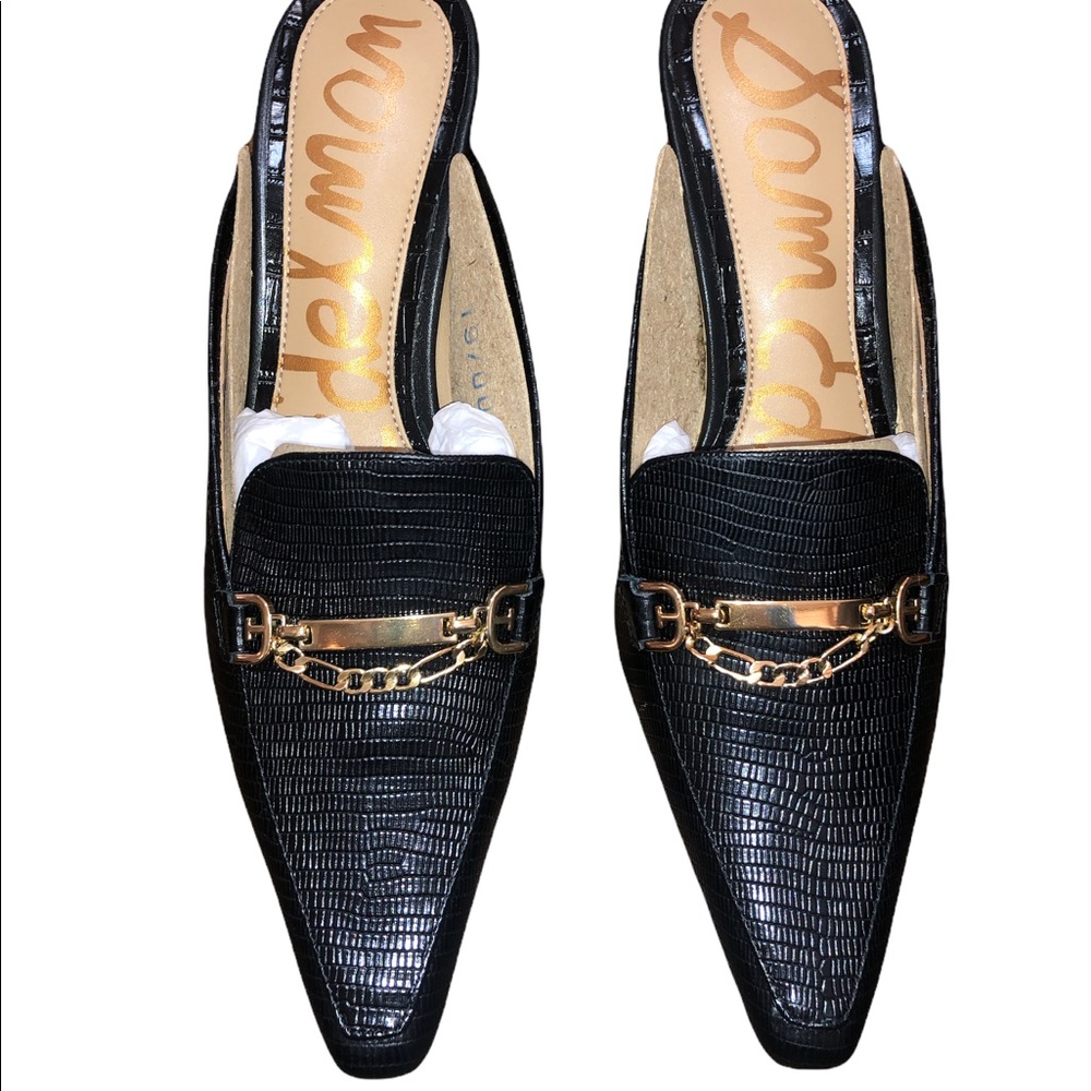 Sam Edelman Black Mules with Gold Chain - Picture 2 of 15